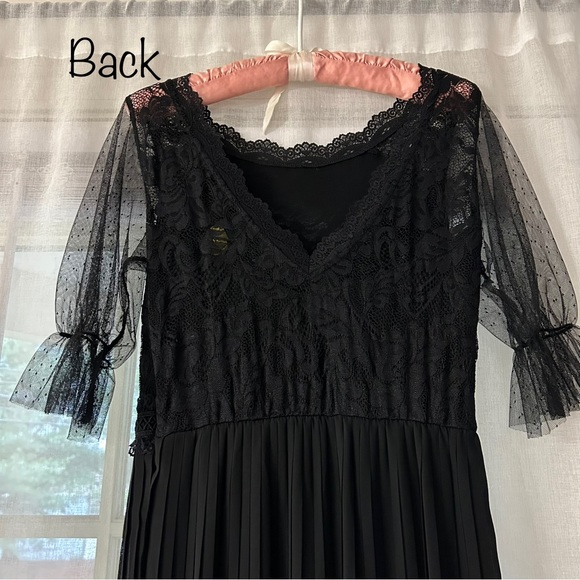 Pleated Lace Chiffon Formal Evening Casual Maxi A-Line black Dress - Picture 7 of 15